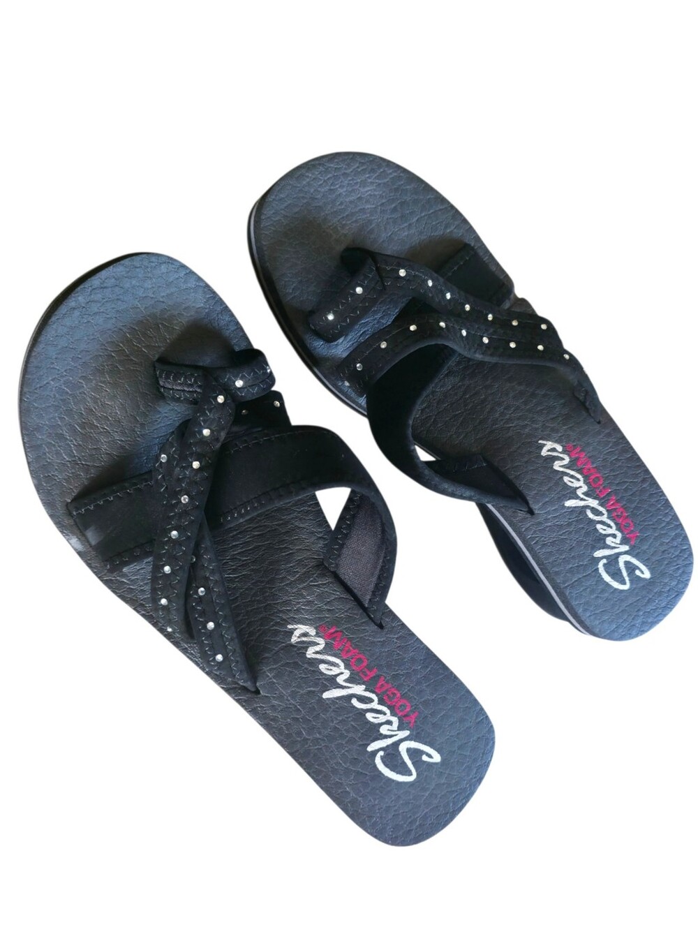 Skechers Yoga Foam Toe Ring Wedge Sandals Black Rhinestone Comfort Y2K Size 8 - Picture 13 of 15